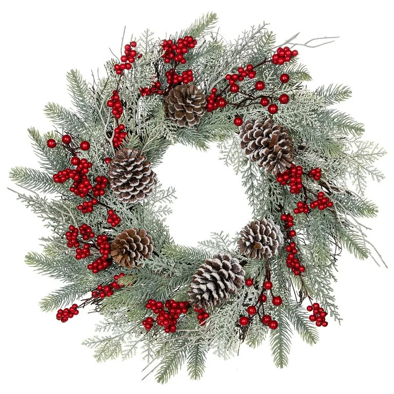 20" Red Berries Christmas Wreath Frost Winter Wreath with Big Pine Cone Indoor Outdoor Wreaths fo... | Walmart (US)