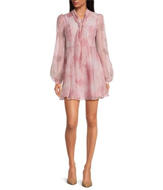 Line and Dot Mael Floral Print Long Sleeve Integrated Scarf Mini Dress | Dillard's | Dillard's