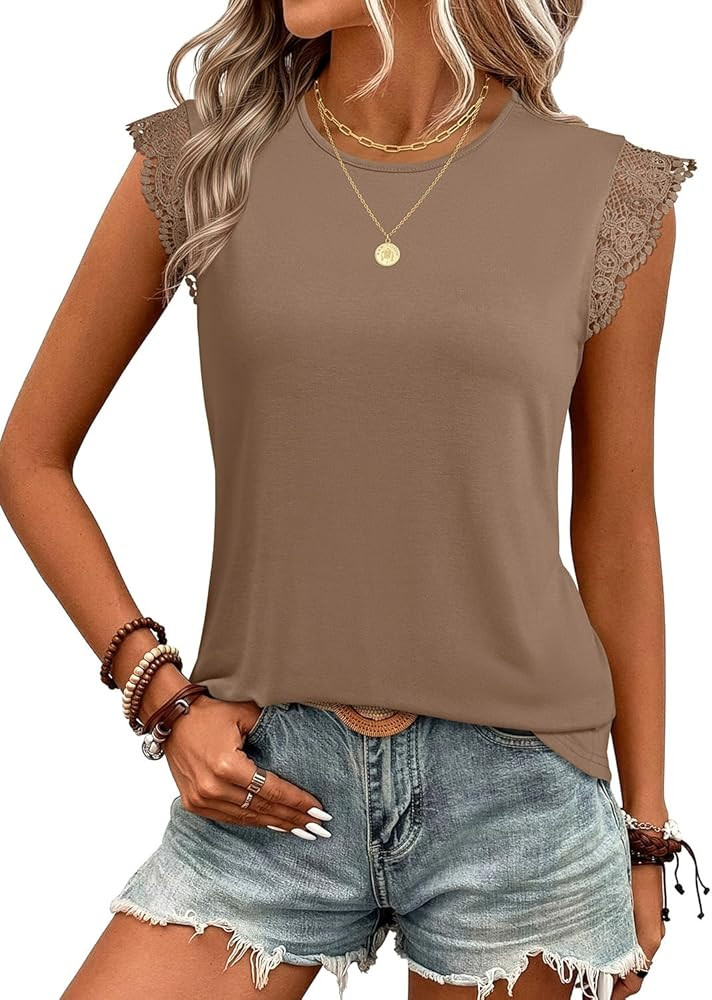 JUSTFASHIONNOW Womens Sleeveless Lace Trim Tops Flutter Ruffle Cap Sleeve Blouses Dressy Summer C... | Amazon (US)