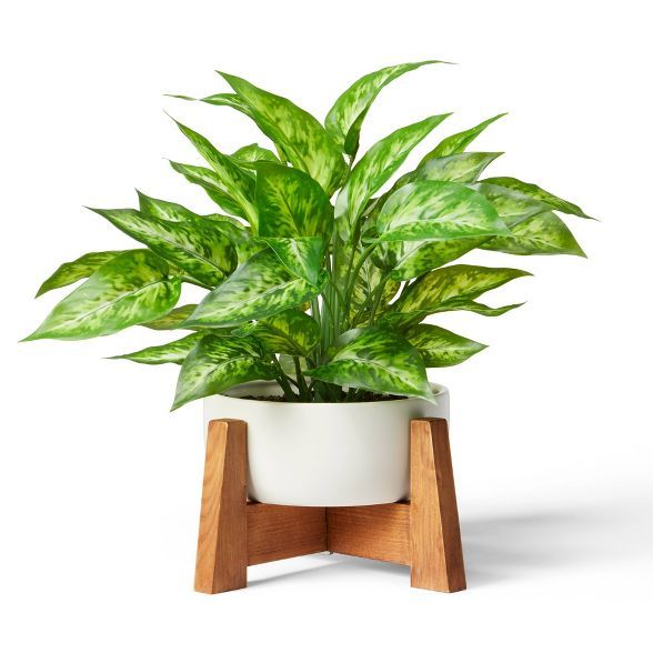 14" x 10" Faux Philodendron Birkin Plant with Wood Stand Planter White - Hilton Carter for Target | Target