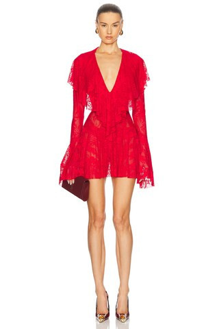 Norma Kamali Long Sleeve Deep V Ruffle Mini Dress in Red | FWRD 