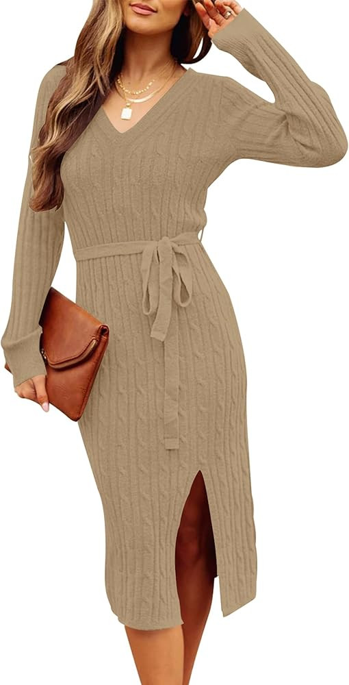 MEROKEETY Women's V Neck Cable Knit Sweater Dress Long Sleeve Bodycon Slit Pullover Midi Dress wi... | Amazon (US)