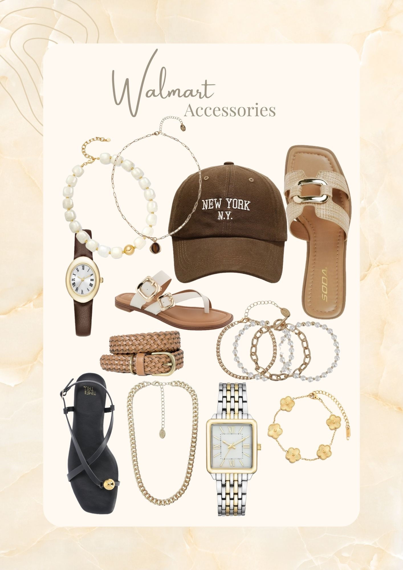 Walmart accessories that give an elevated look without the elevated price tag! Necklaces and bracelets for stylish stacking, a baseball cap for a hot summer day. High end looking sandals and dainty watches!

#LTKgrwm #LTKootd #LTKOver40