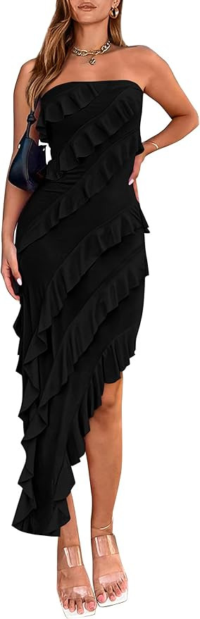 PRETTYGARDEN Women's Summer Long Formal Cocktail Dress Strapless Tube Asymmetrical Ruffle Maxi Bo... | Amazon (US)