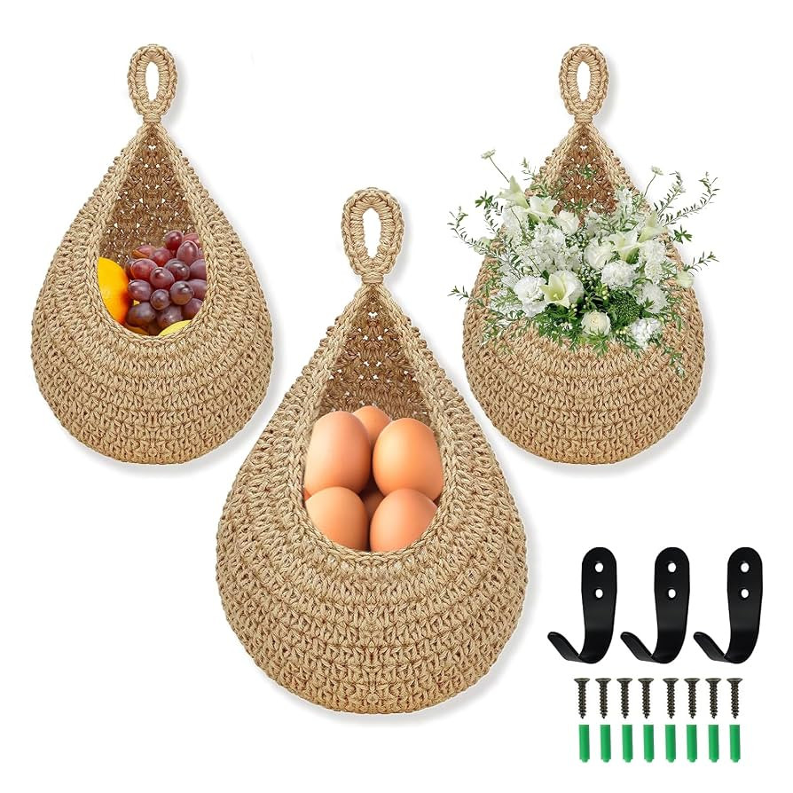 Hanging Fruit Basket for Kitchen, 3 Pack Wall Hanging Fruit Baskets with 3 Hooks, Boho Hanging Wa... | Amazon (US)