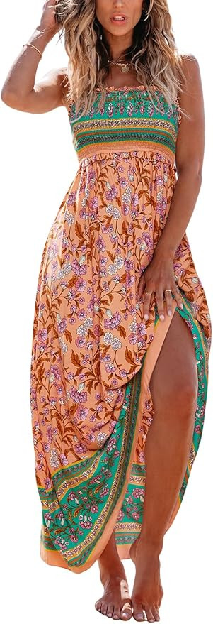 CUPSHE Boho Floral Summer Dress for Women Beach Vacation Smocked Sundress Resort Flowy Casual Max... | Amazon (US)