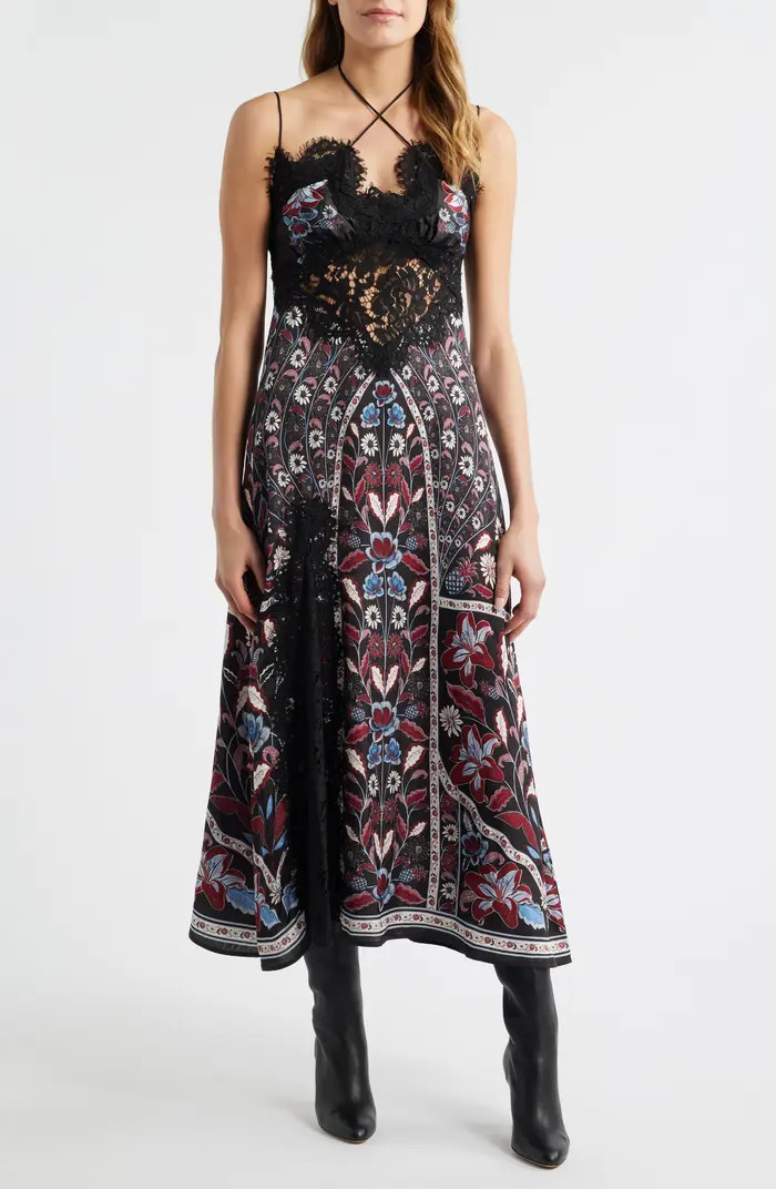 Marcelle Eyelash Lace Trim Halter Satin Slipdress | Nordstrom