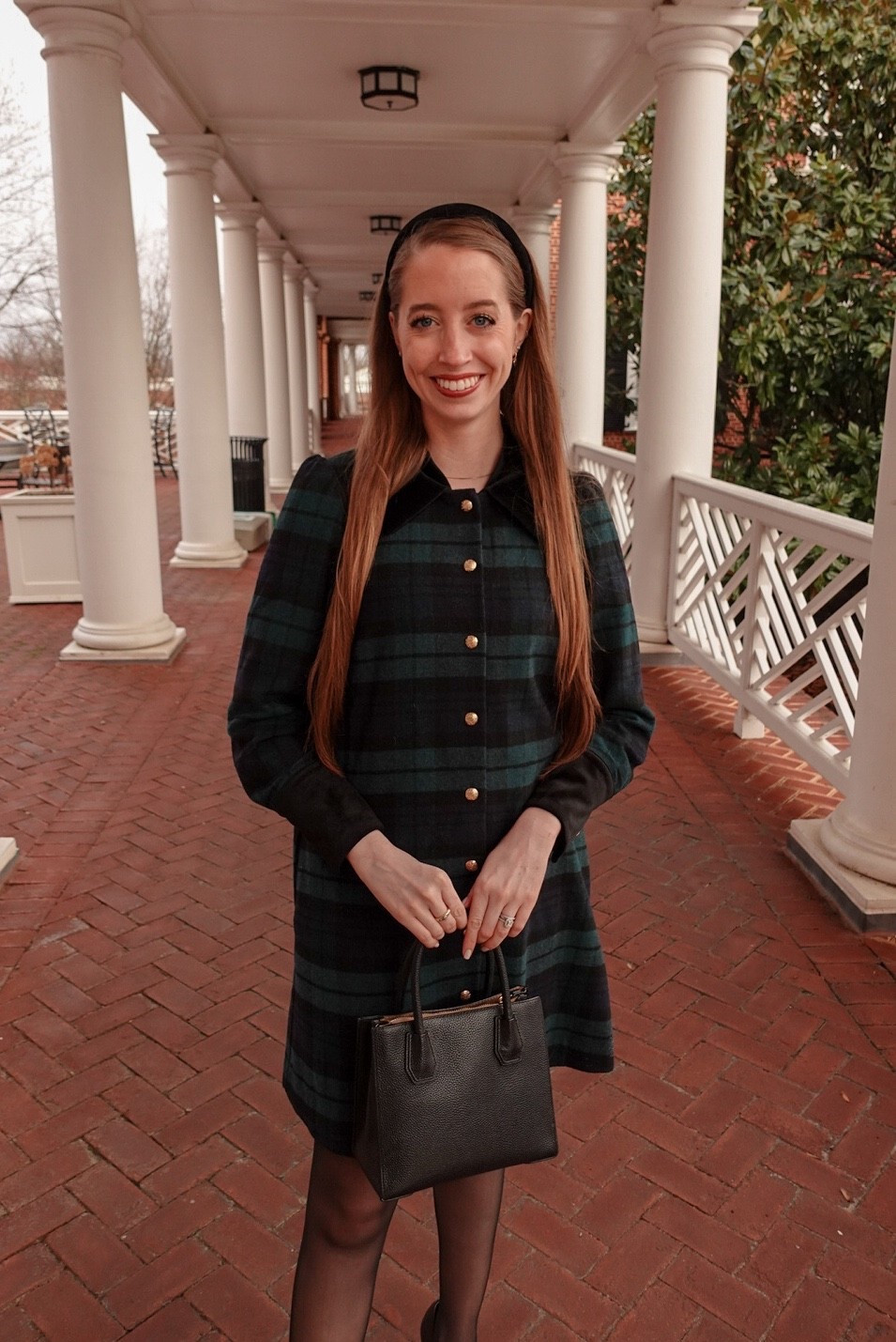 Linking some resale options for my blackwatch plaid dress! True to size, I’m in the small. 
.
Winter outfit 
Preppy outfit 
Black bag 
Black tights 

#LTKFindsUnder100 #LTKSeasonal