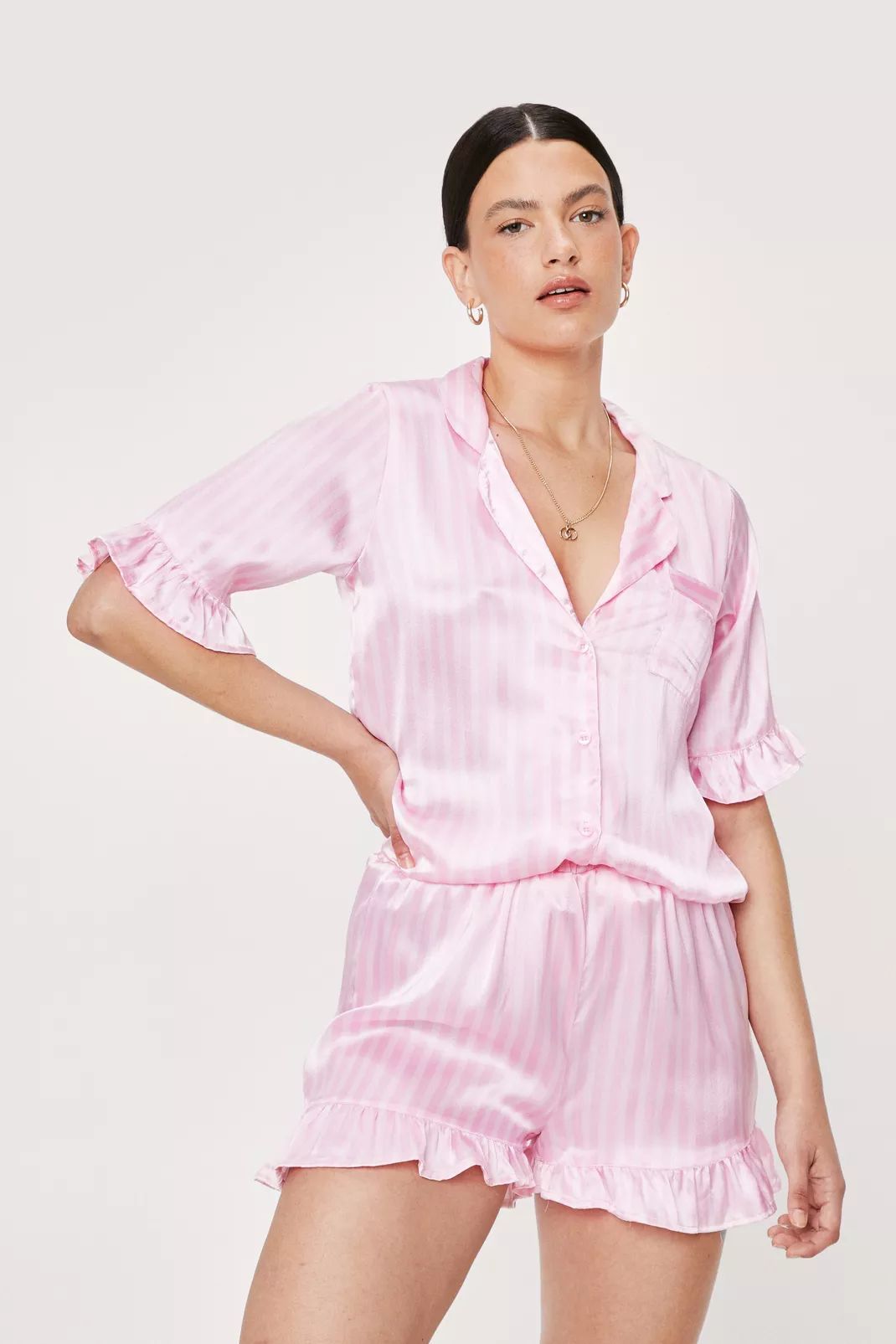Satin Stripe Print Ruffle Pajama Short Set | Nasty Gal (US)