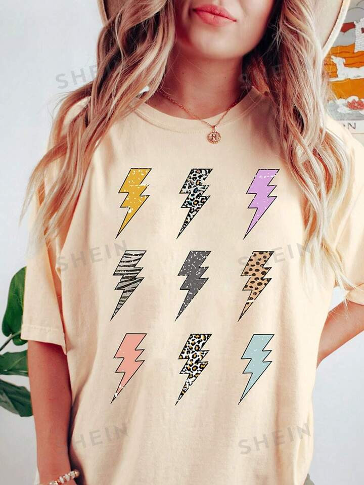 Women's Loose Fit Drop Shoulder T-Shirt With Lightning Print | SHEIN