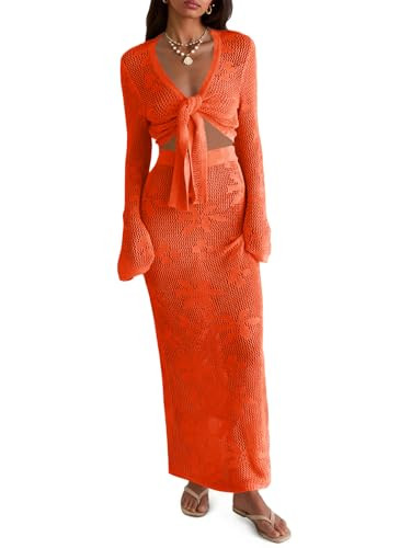 Saodimallsu Womens Crochet Swim Cover Up 2 Piece V Neck Long Sleeve Wrap Tie Crop Tops Beach Boho... | Amazon (US)