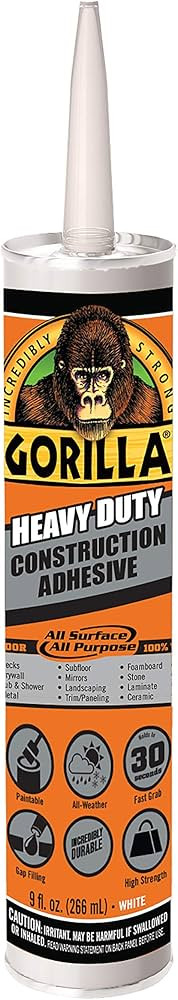 Gorilla Heavy Duty Construction Adhesive, White Glue, 9 Ounce Cartridge (Pack of 1) - Gap Filling... | Amazon (US)