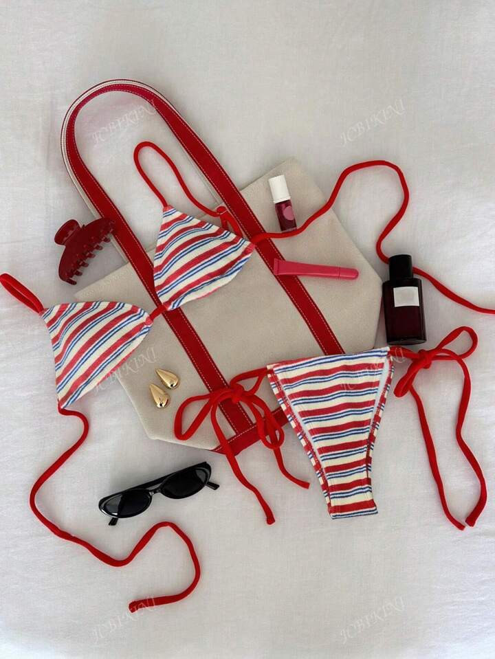 New Soft Stripe Terry Cloth Adjustable Strappy Crisscross Back Sexy Bikini Set, Summer Beach Fashion Swimwear For Women | SHEIN