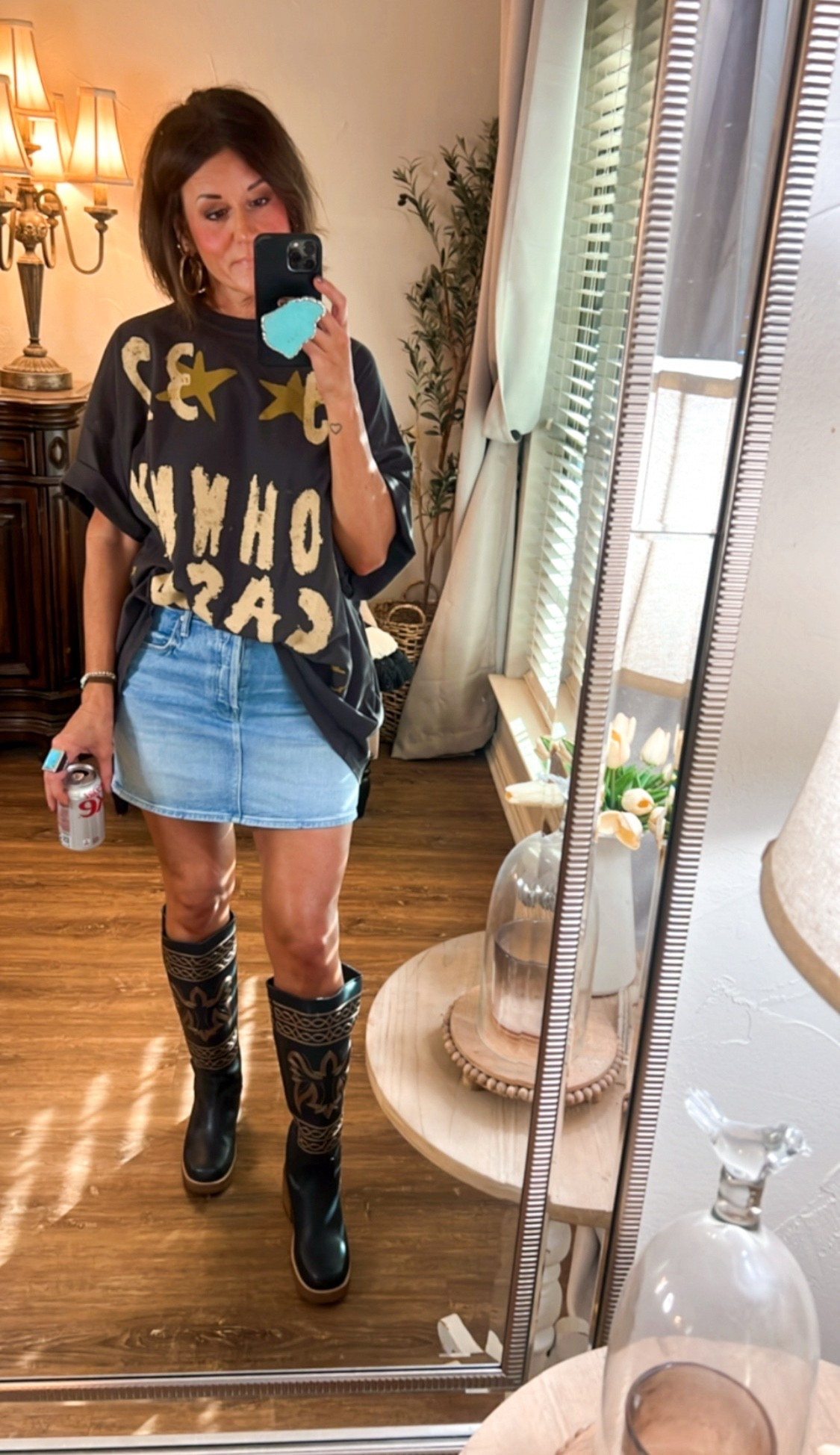 Free People Johnny Cash tee.  Mother Denim skirt.  Dingo boots  

#LTKSaleAlert #LTKStyleTip #LTKOver40