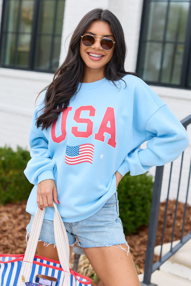 Athletic USA Flag Light Blue Graphic Sweatshirt | Pink Lily