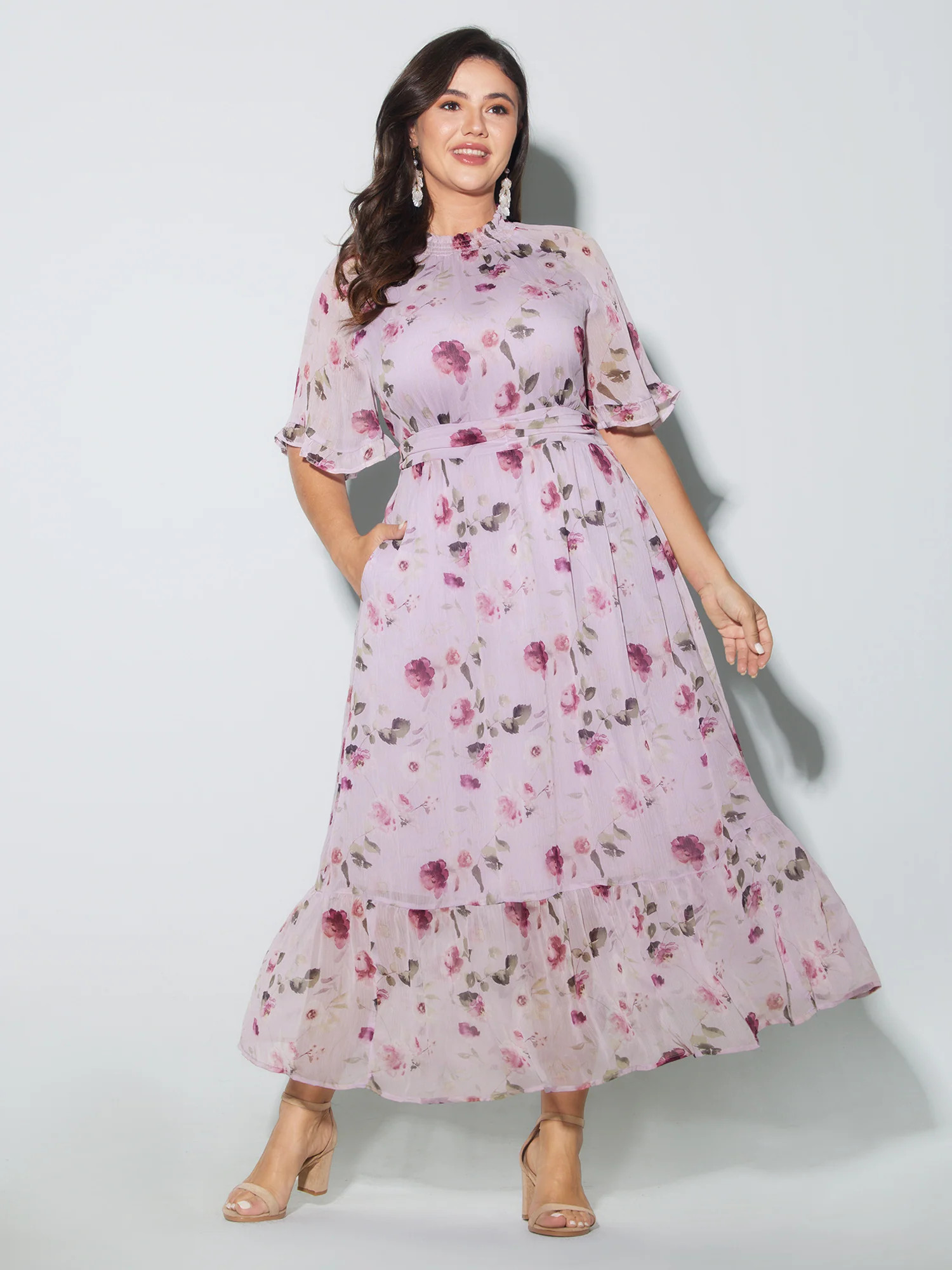 Floral Print Pockets Shirred Mock Neck Maxi Dress | Bloomchic