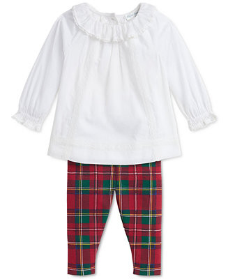 Polo Ralph Lauren Baby Lace-Trim Top & Plaid Leggings Set - Macy's | Macy's