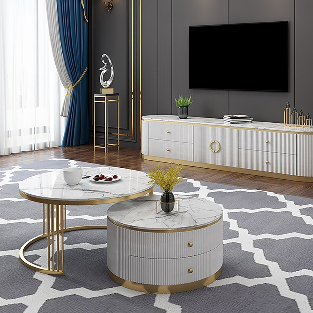 Modern 2 Pieces White Round Nesting Wooden Coffee Table with Drawers Sintered Stone Top | Homary