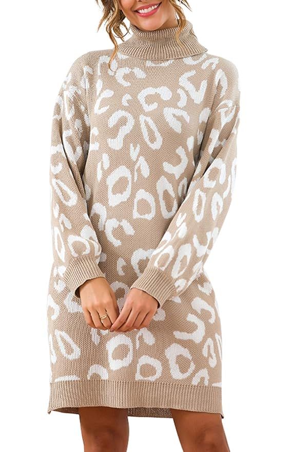 PRETTYGARDEN Women’s Fashion Leopard Print Lantern Long Sleeve Turtleneck Chunky Long Loose Kni... | Amazon (US)