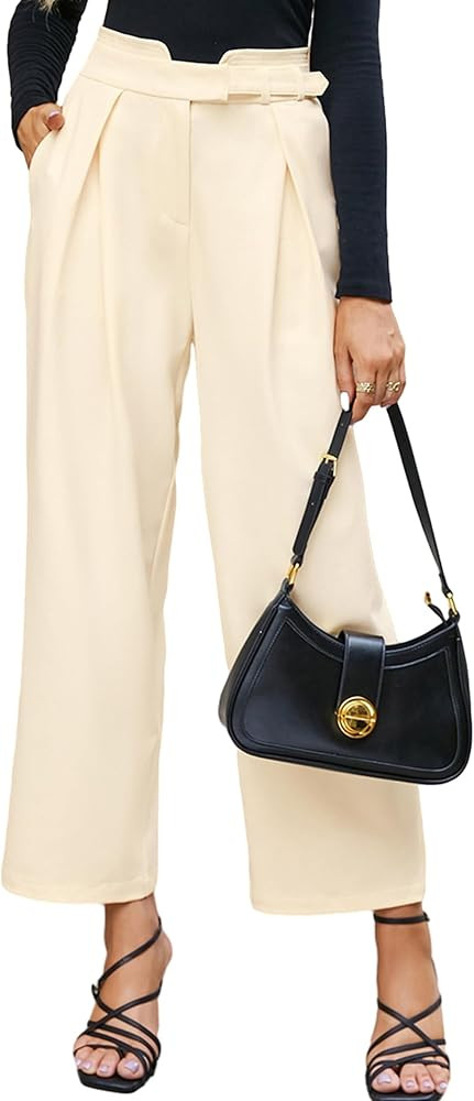 JASAMBAC Women's Wide Leg Pants High Waist Ruffled Back Business Work Trousers Straight Long Suit... | Amazon (US)