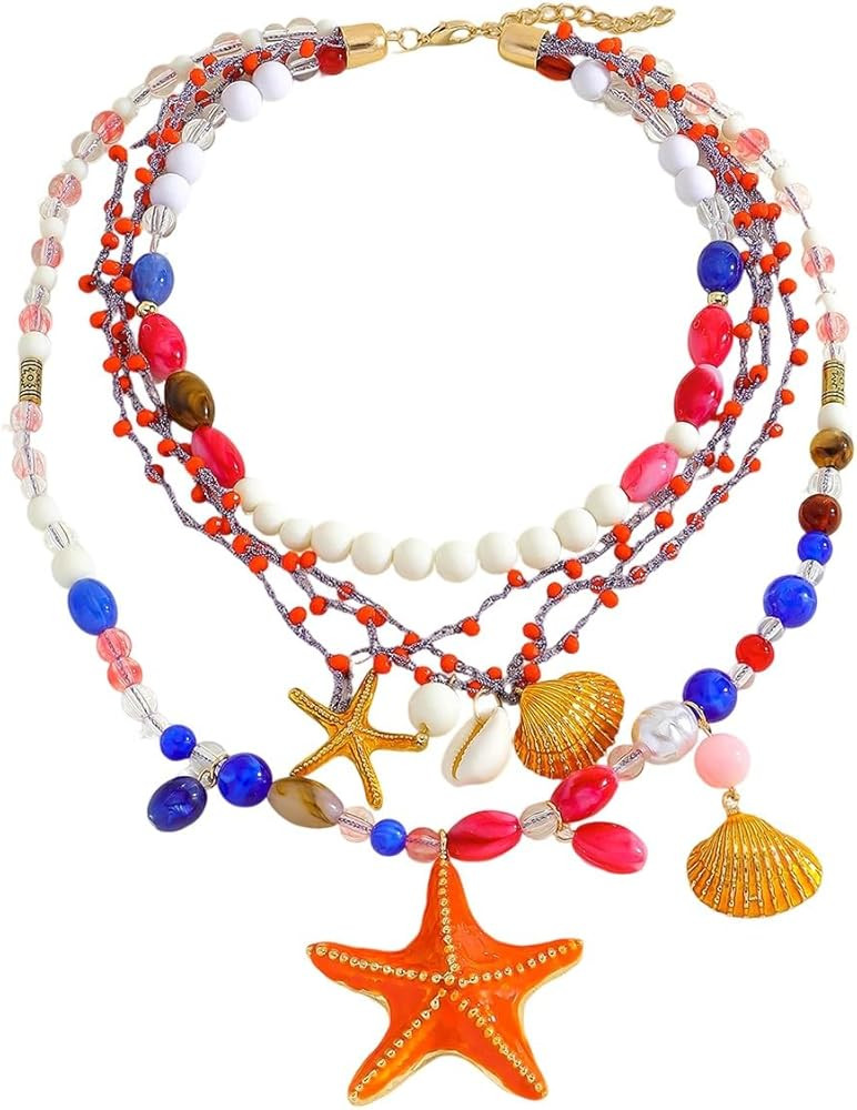 MultiLayered Beaded Beach Necklace for Women, Colorful Beads Starfish Shell Charms Necklaces for ... | Amazon (US)