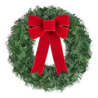 24 in. Unlit Artificial Wreath with Red Velvet Bow | The Home Depot