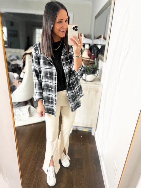 Weekend casual outfit with these new leggings I am loving! 

Wearing a small in them & the plaid top. Medium in tshirt. 

#LTKSeasonal #LTKunder50 #LTKstyletip