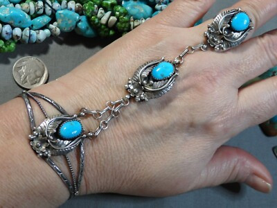 NAVAJO Ella Cowboy SLEEPING BEAUTY TURQUOISE Sterling Silver SLAVE BRACELET Set  | eBay | eBay US