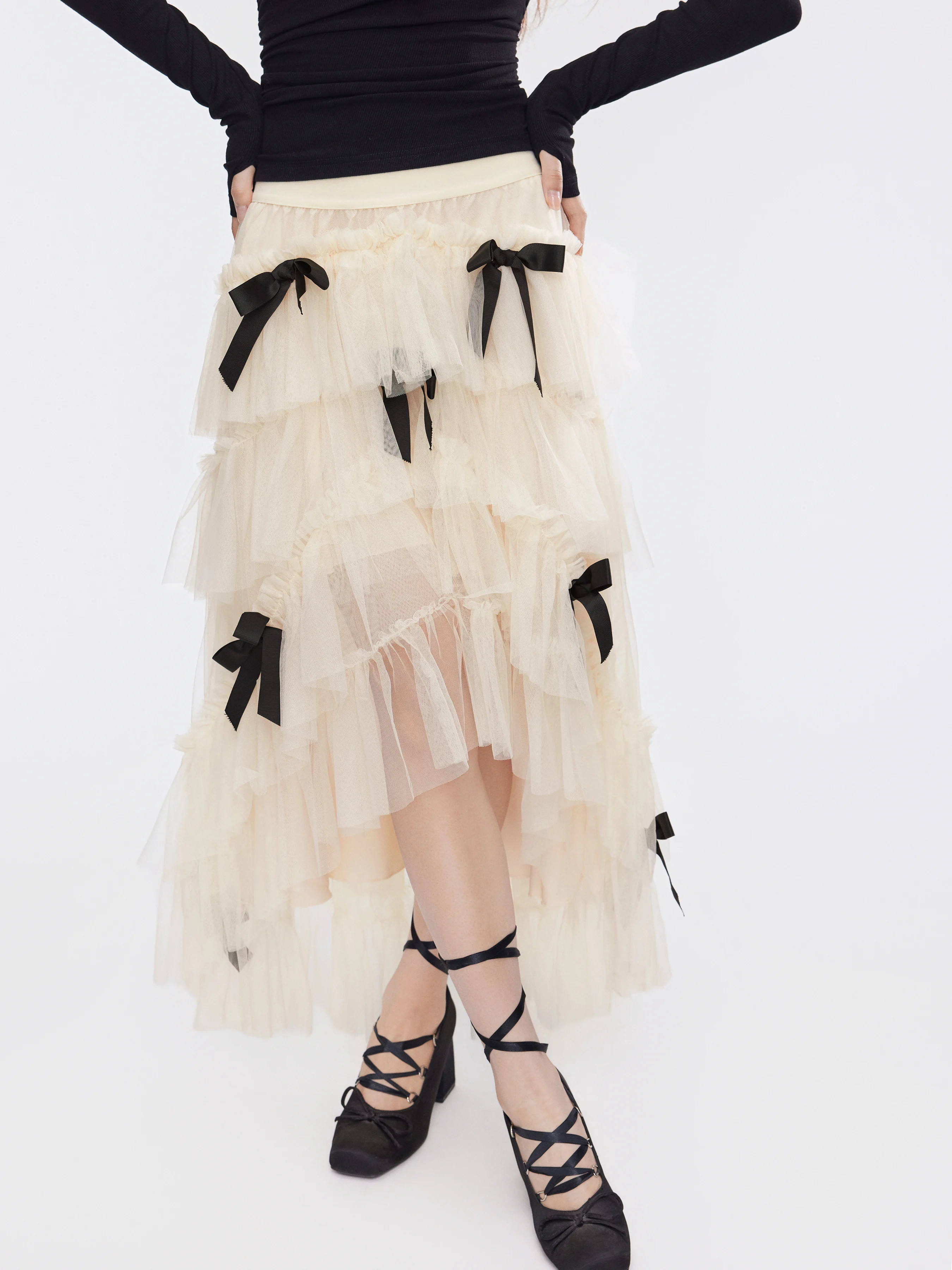 Mesh Bow Decor Layered Midi Skirt For Rencard Exposition | Cider
