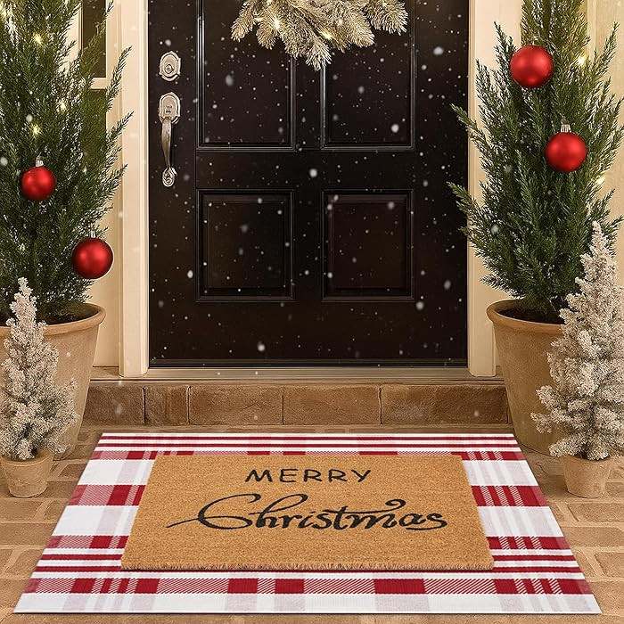 Christmas Door Mat Combo Set - 100% Coco Coir Welcome Mat + 28 x 43 Inch Red and White Diagonal P... | Amazon (US)