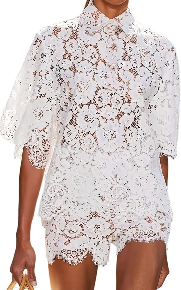 Women 2 Piece Outfits Short Sleeve Button Down Sheer Lace Tops and Shorts Set Summer Caual Two Pi... | Amazon (US)
