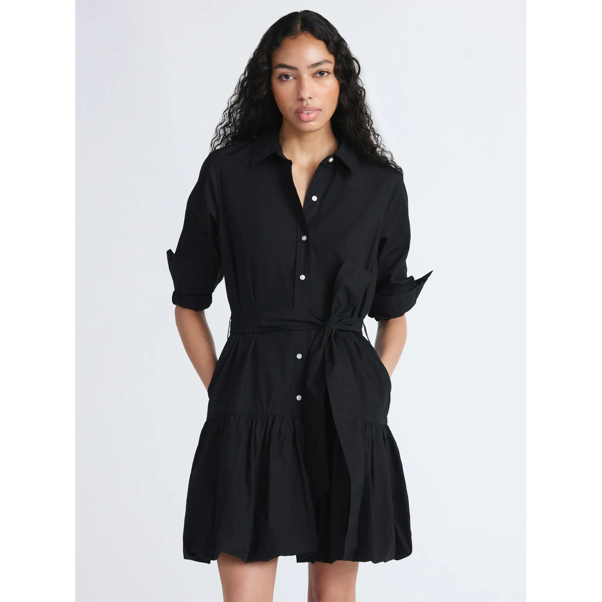 Free Assembly Women's Belted Bubble Hem Cotton Mini Dress with Long Sleeves, Sizes XS-XXL | Walmart (US)