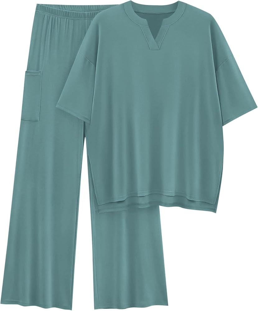 KIRUNDO Two Piece Sets for Women Lounge Set Airport Travel Summer Outfits 2026 Comfy Short Sleeve... | Amazon (US)