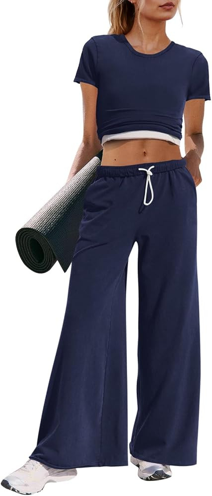 Panadila Womens 2 Piece Lounge Set Matching Workout Sets Summer Crop Tops Wide Leg Pants Going Ou... | Amazon (US)