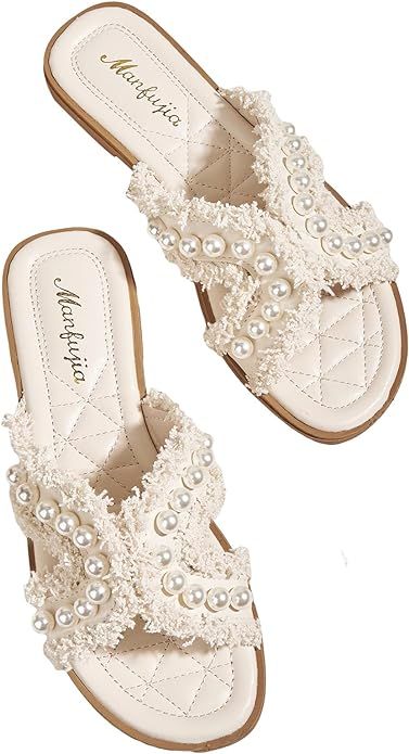 Verdusa Women's Pearl Fringe Trim Open Toe Flat Sandals Summer Slide Sandals | Amazon (US)