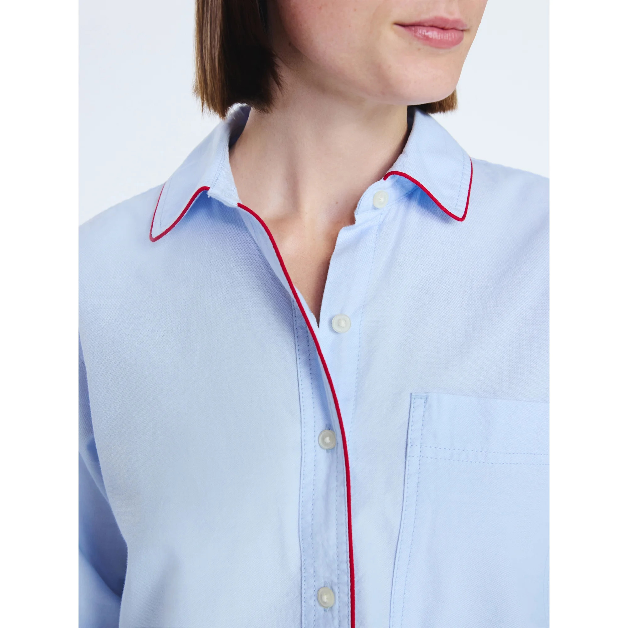 Free Assembly Women's Contrast Piped Cotton Shirt with Long Sleeves, Sizes XS-XXL | Walmart (US)