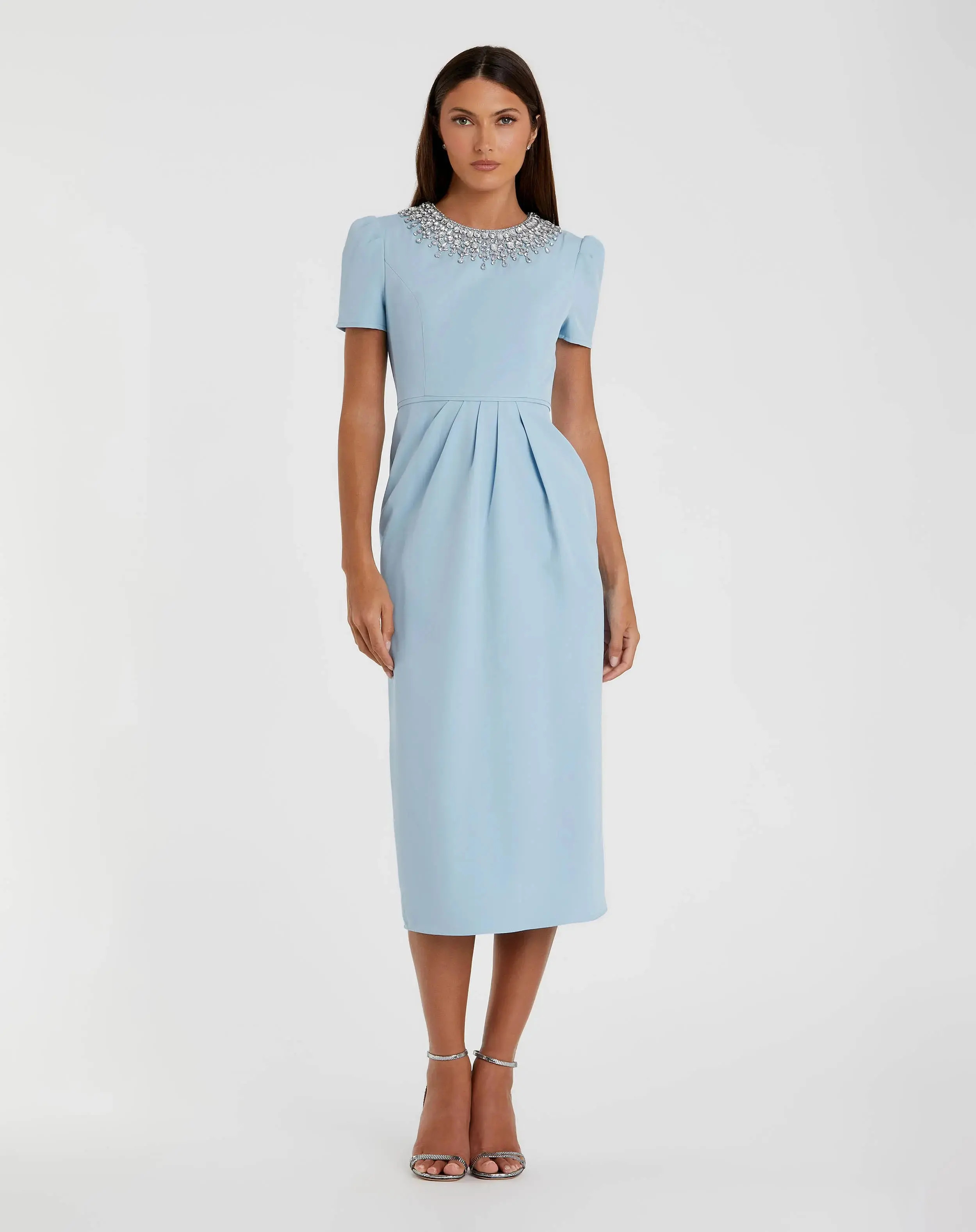 Blue Short Sleeve Rhinestone Neckline Midi Dress | Mac Duggal