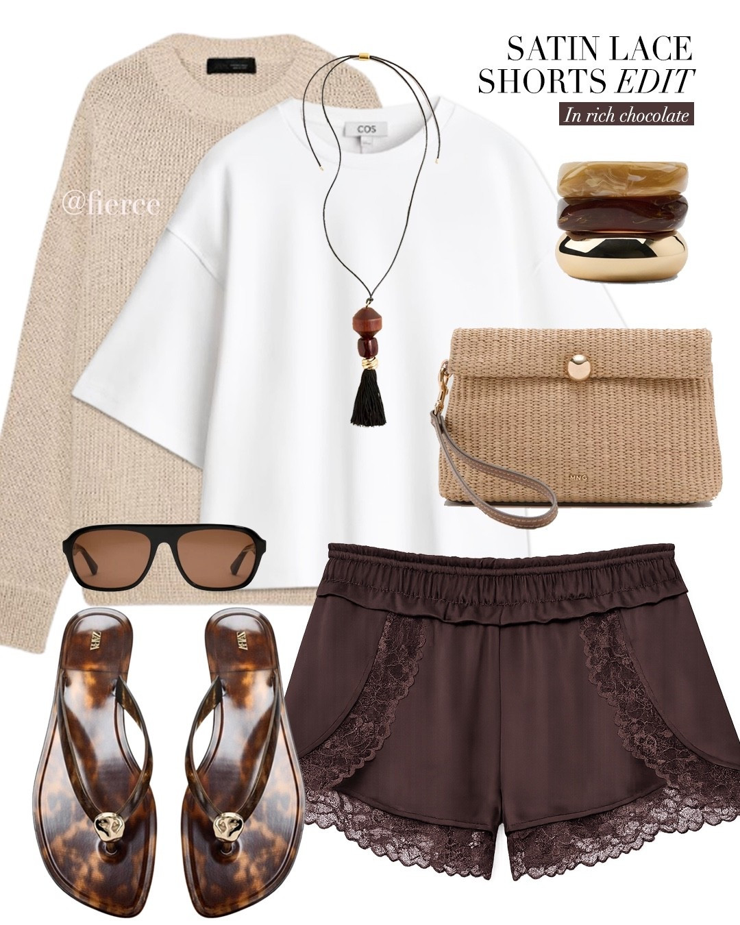 Chocolate brown satin lace shorts white oversized tshirt raffia clutch bag jelly sandals beige oversized jumper casual weekend outfit

#LTKsummer #LTKuk #LTKeurope