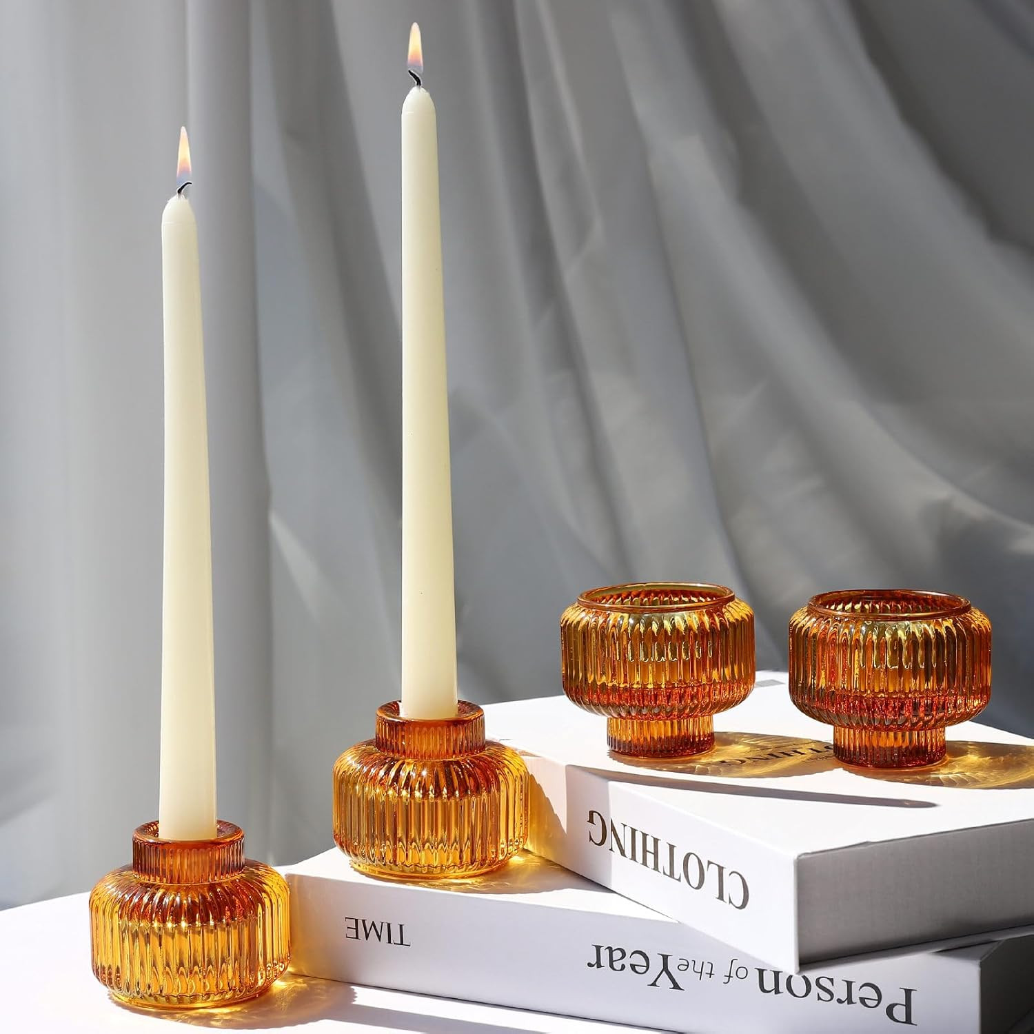 Candlestick Holders Set of 4, Amber Votive Candle Holders for Fall Wedding Table Centerpiece, Rib... | Amazon (US)