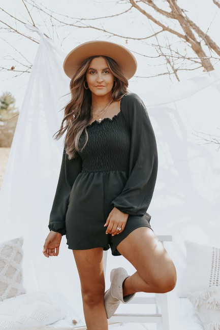 Square Neck Smocked Black Romper | Magnolia Boutique