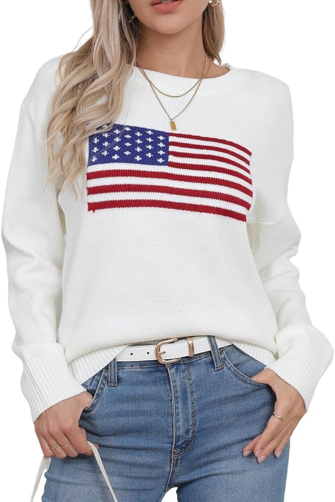 Womens American Flag Sweater Long Sleeve Crew Neck Knitted Casual Pullover Sweater | Amazon (US)