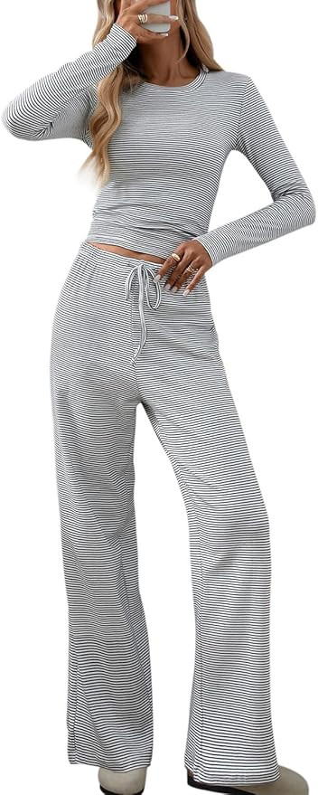 CHYRII Womens Two Piece Sets Fall Fashion Striped Long Sleeve Tops Wide Leg Palazzo Pants Outfits... | Amazon (US)