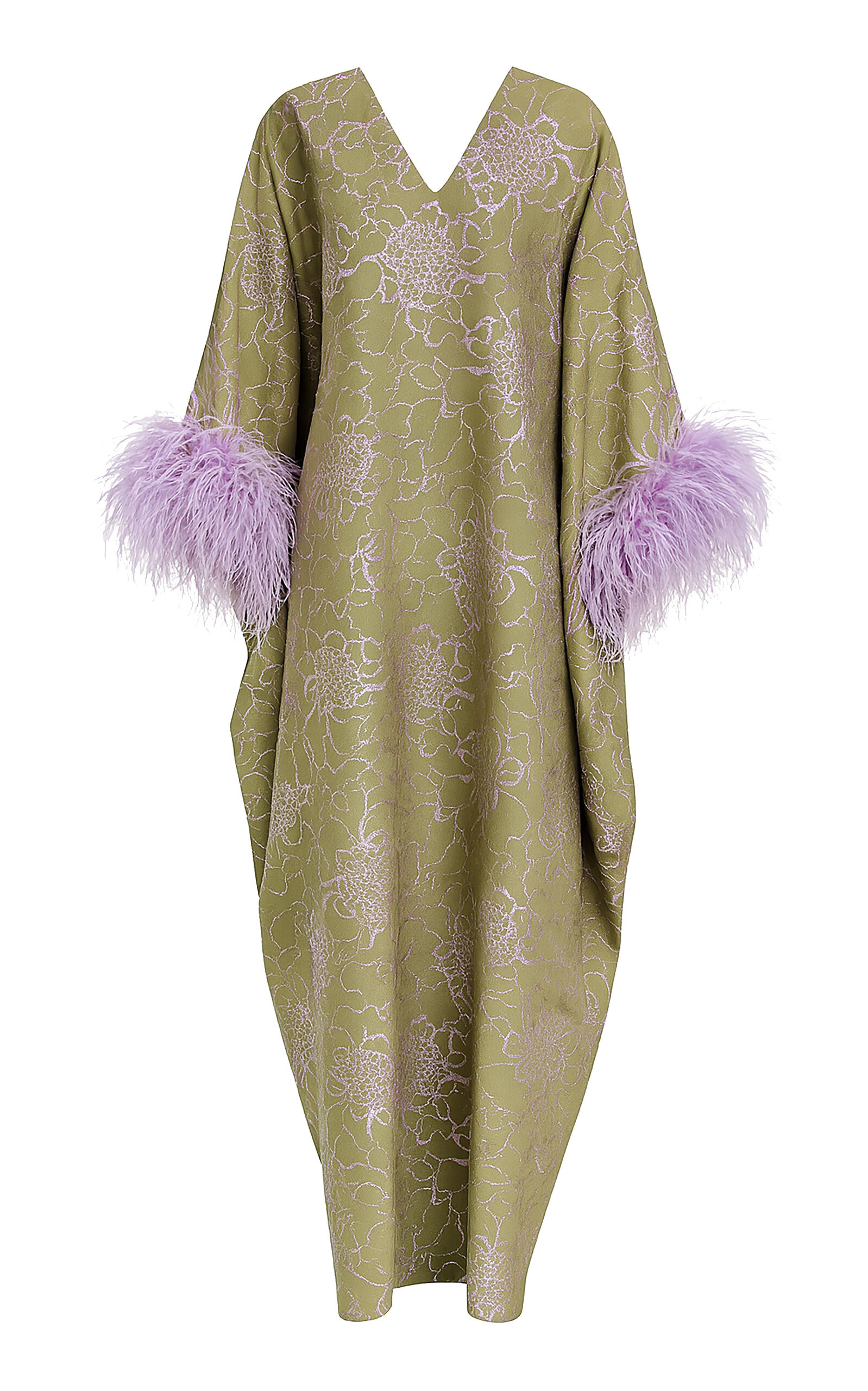 Feather-Trimmed Metallic Floral-Print Maxi Caftan | Moda Operandi (Global)