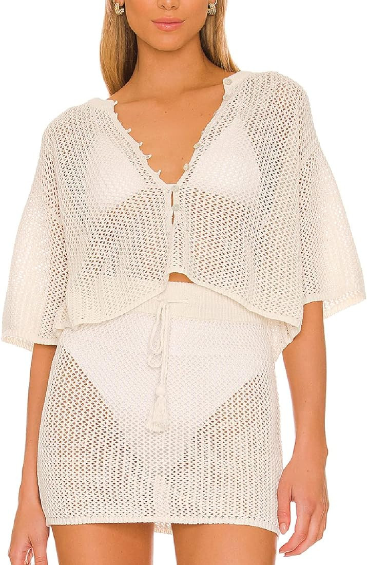 Women's 2 Pieces Bikini Swimwear Cover Up Sets Hollow Out 3/4 Sleeves Crop Top Mini Skirt Crochet... | Amazon (US)