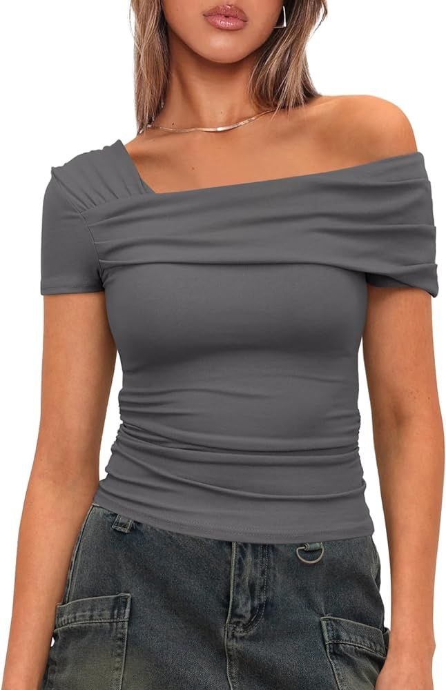Darong Women's Summer Short Sleeve One Off The Shoulder Top Ruched Going Out Tops Slim Fit Y2K Sh... | Amazon (US)