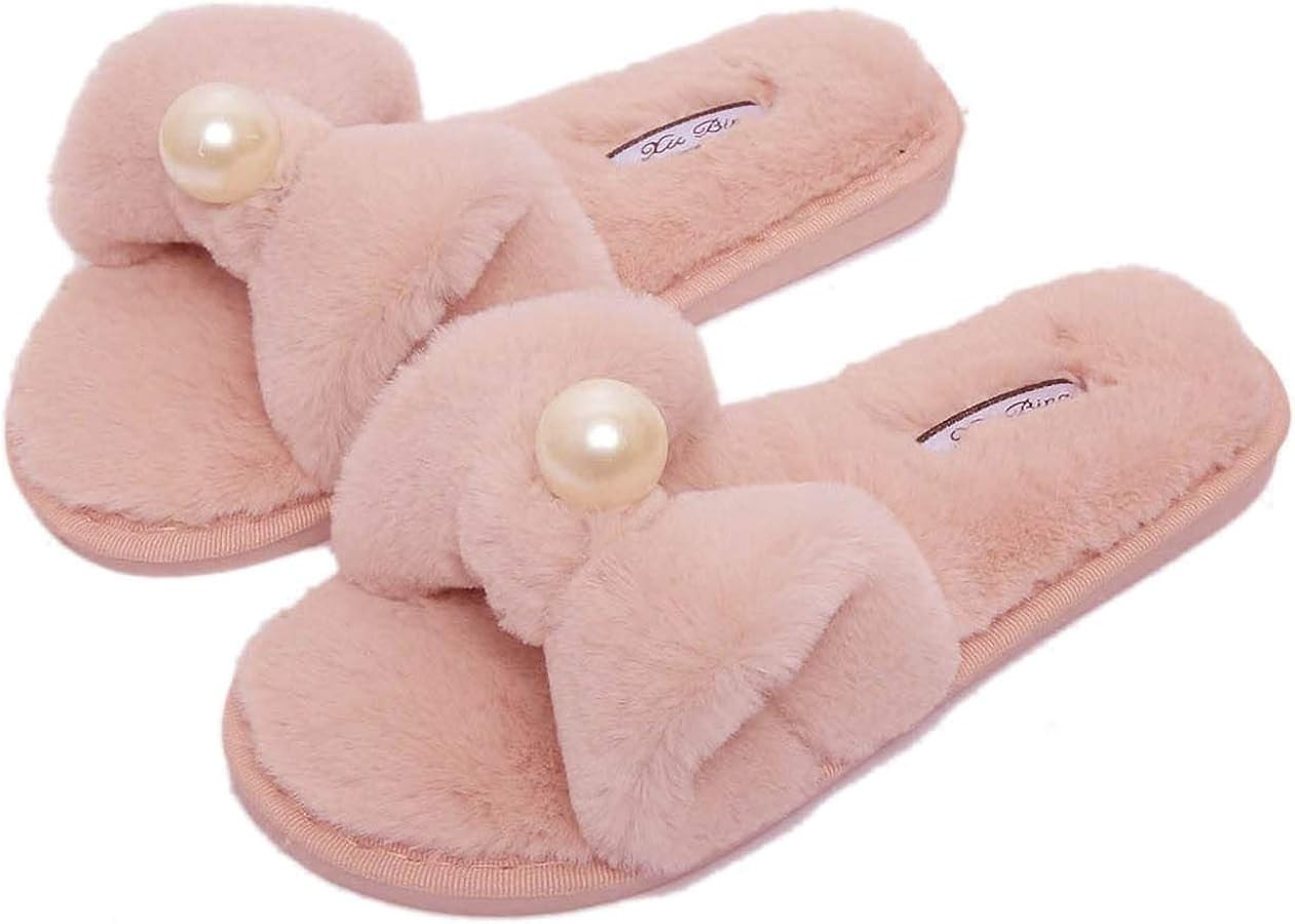 Women's Faux Fur Bowknot Plush Slippers Fluffy Open Toe Slippers Soft Cozy | Amazon (US)