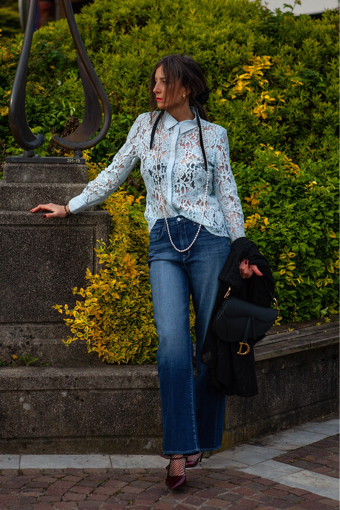 Casual chic and casual dinner outfit | Lace shirt with straight leg jeans and pearls. 

#LTKspring #LTKsummer #LTKeurope