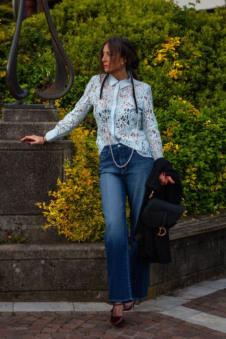 Casual chic and casual dinner outfit | Lace shirt with straight leg jeans and pearls. 

#LTKspring #LTKsummer #LTKeurope