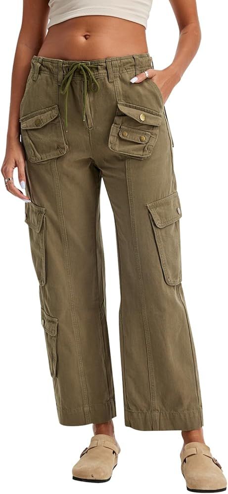 Cargo Pants for Women Low Rise Drawstring Waist 7 Pockets Hiking Work Wide Leg Pants with Zipper ... | Amazon (US)