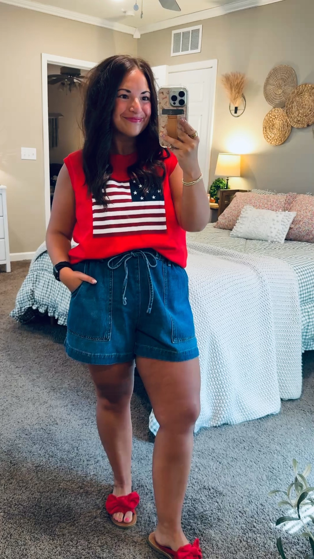Red, white, and cute ❤️🤍💙 this American flag sweater is a summer must-have! 

sandals: fit true to size // wearing a 5
shorts: fit true to size // wearing a large
sweater tank: fits true to size // wearing a large 

 #LTKootd #LTKMidsize